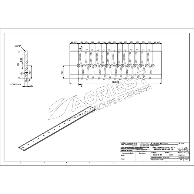 Lame Percee 150X16 LG 1850 400HB 14 TRS Ø16 EA 135 référence fournisseur 451155